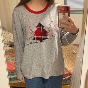 Eddie Bauer Gray Long Sleeve Christmas Tree Plaid Red Pajama Comfy Shirt Large